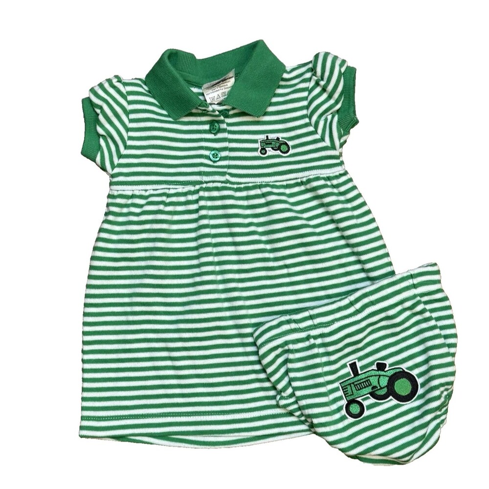 Tractor Dress Baby Girl 3-6M Green Stripes 2 Pieces Farm Green Outfit Bloomers